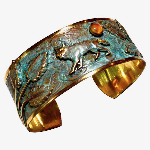 Click to view detail for EC-160 Cuff, Wolf in Forest, Tiger Eye and Jasper $150